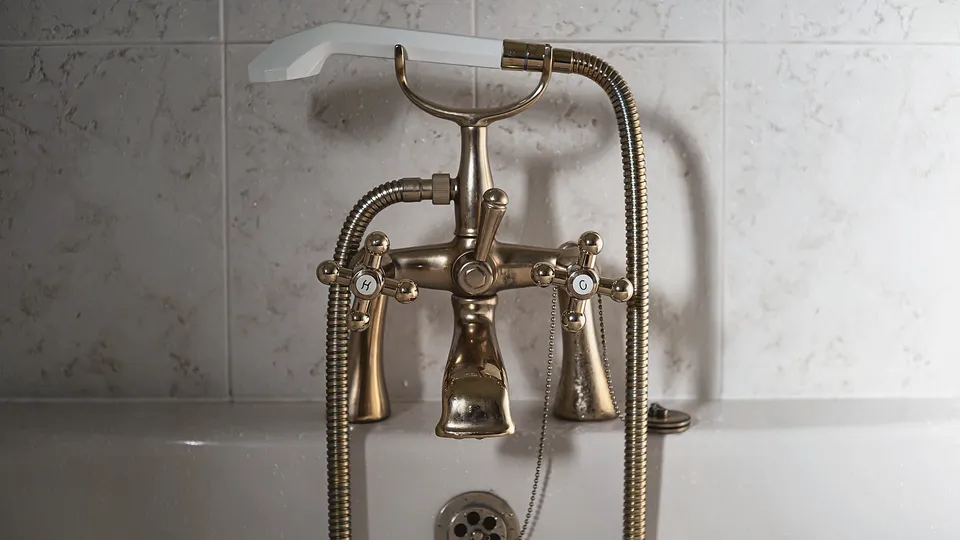 Vintage brass two-handle tub faucet against white tile