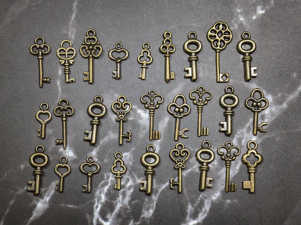 Rows of antique skeleton keys