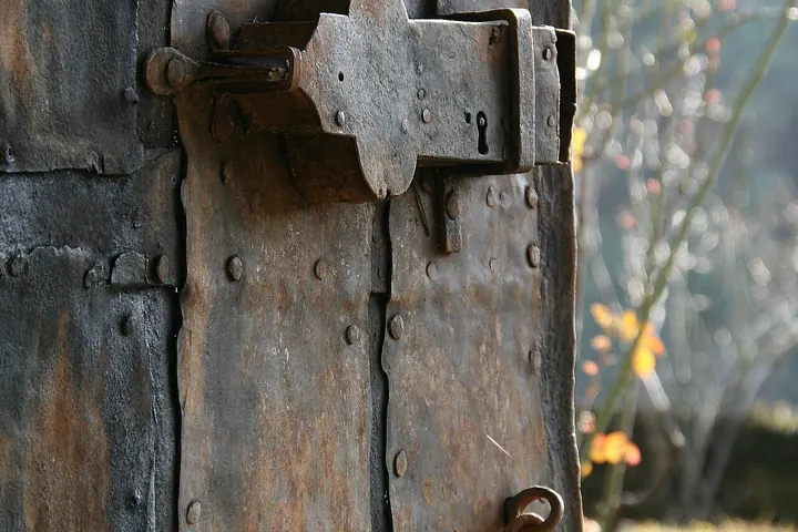 Iron latch on an old weathered wooden door