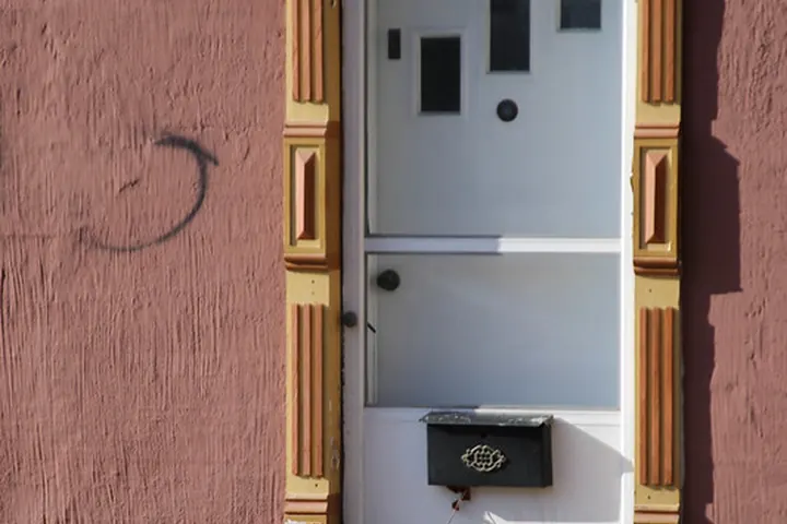 White door with a trimmed frame and threshold on a pink stucco wall