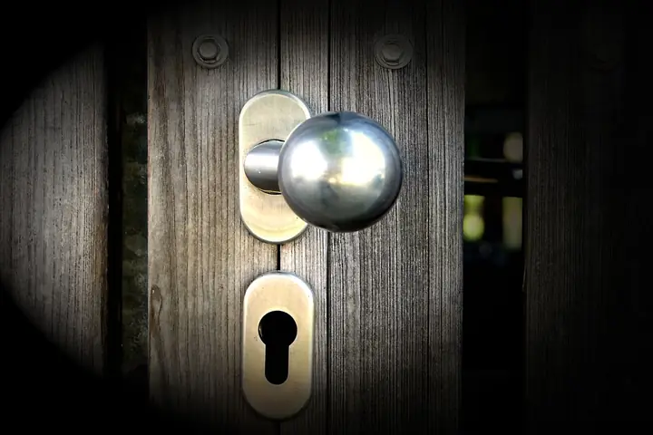 Round metal knob and keyhole on a dark wood door