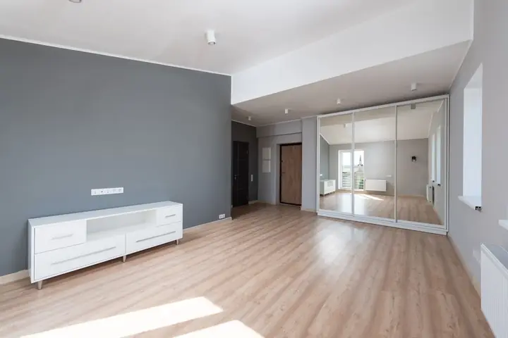 Empty room with a gray accent wall and a mirrored closet