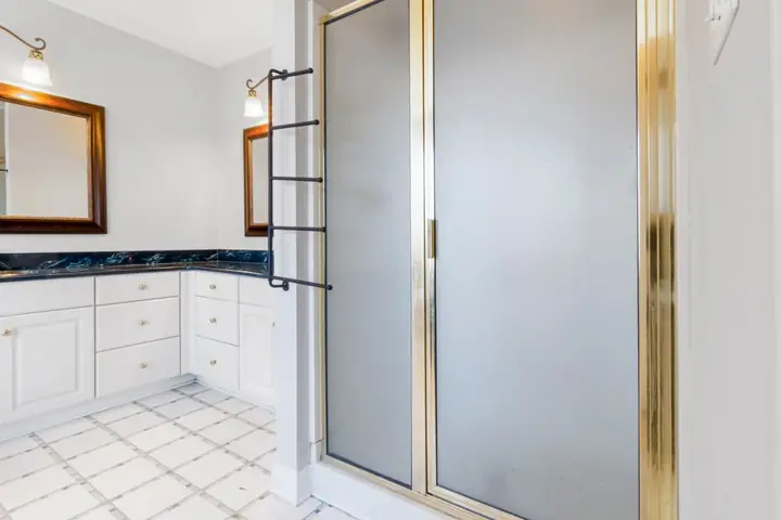 Gold framed glass shower door beside a white vanity